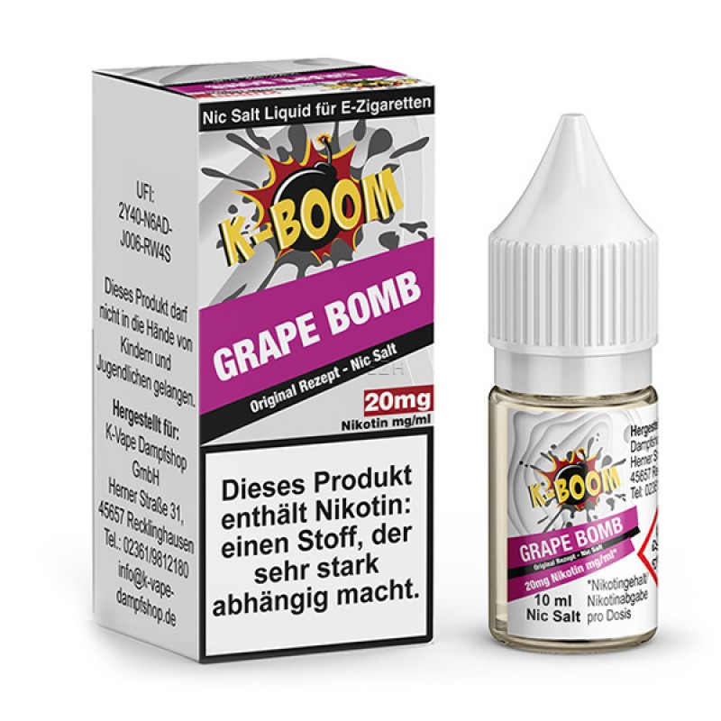 K-BOOM Grape Bomb Original Rezept Nikotinsalz Liquid 10 ml K-BOOM Grape Bomb Original Rezept Nikotinsalz Liquid 10 ml